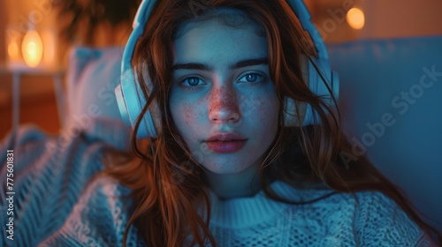 Young woman with headphones in blue light. Portrait of a young woman with blue lighting, wearing headphones and a cozy sweater, looking at the camera © Vuk