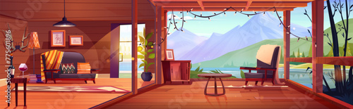 Living room interior and cabin terrace with mountain view. Hotel wood hut for summer holiday vacation. Wooden chalet with patio and lake nature landscape illustration. Villa design with wine and couch © klyaksun