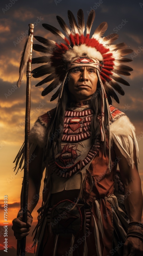 A confident, serious American Indian Man dressed in traditional clothes with bird feathers on his head, holding a gun in his hand against the background of Sunset, sky.