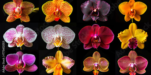 purple and yellow flowers, A showcasing a variety of exotic orchid blooms in different colors, shapes, and patterns, highlighting the diversity and beauty of these tropical flowers.  © Your_Demon