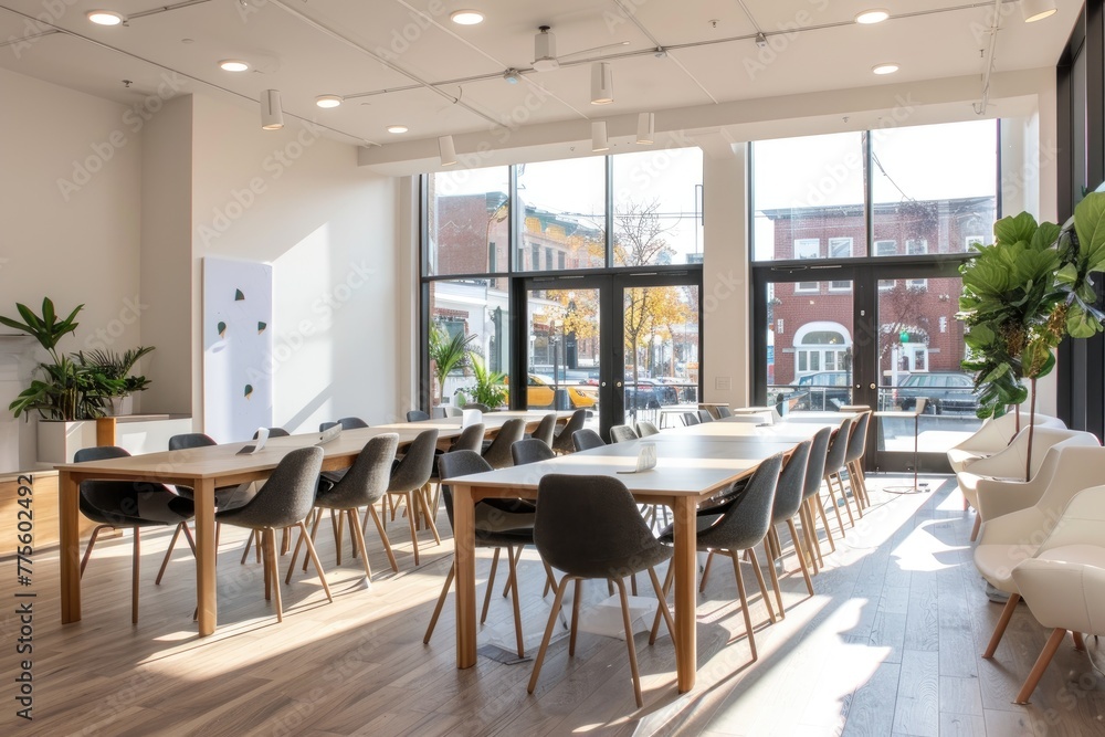 Fototapeta premium Minimalist coworking space with communal workstations.