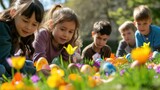 A group of toddlers is sharing the joy of playing with Easter eggs in the grassy meadow, smiling and having fun in the natural landscape AIG42E