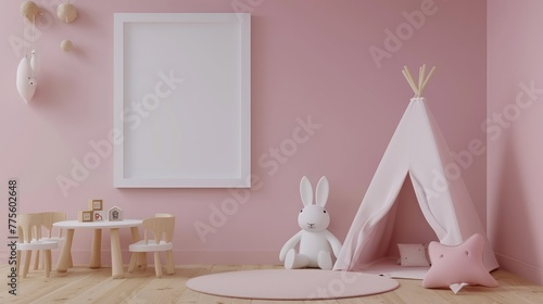 Fototapeta Naklejka Na Ścianę i Meble -  Dreamy pink child's room with a playroom with a wooden table, and armchairs, blank white frame in pink wall. a cozy space for imaginative play