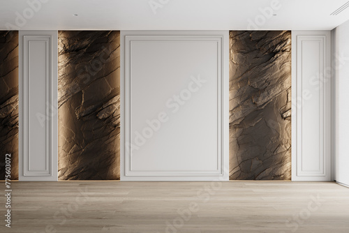 Contemporary white empty interior with black rock stone wall and moldings. 3d render illustration mockup.