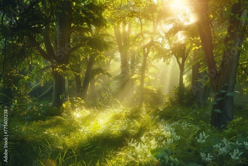 Sun Shines Through Trees in Forest