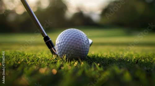 Golf club and golf ball on the grass. Golfer's feet