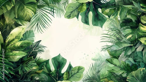 White frame on a background of tropical green leaves with space for text, invitation or banner. © moviego