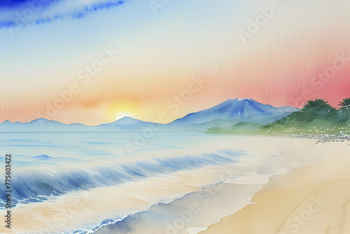 Watercolor paintings of beautiful beaches and islands. photo