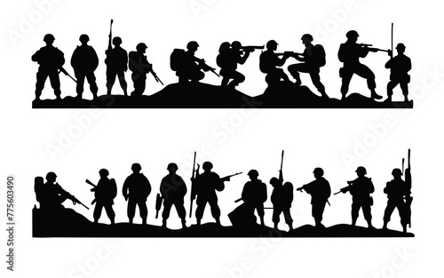 silhouette of a salute soldier in black and white. set of soldier silhouettes with gun in different poses