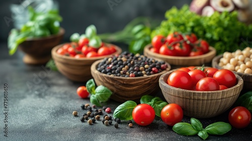 top view fresh and healthy superfoods ingredients, tasty beautiful food preparation scene, tomato, spice, green leaves, Generative Ai