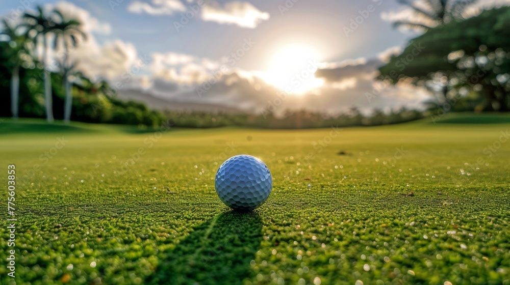 Golf ball on the grass on the golf course. Golf club Golf ball on the grass on the golf course. Golf club