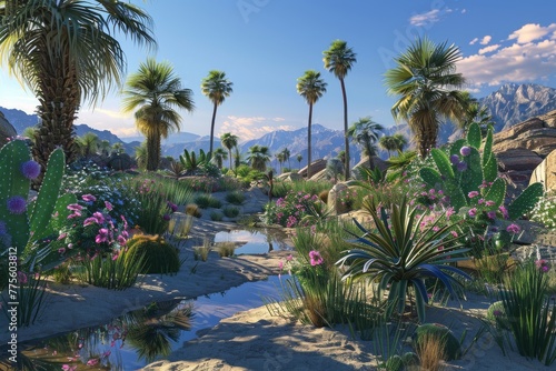 Desert Scene With Palm Trees and Flowers