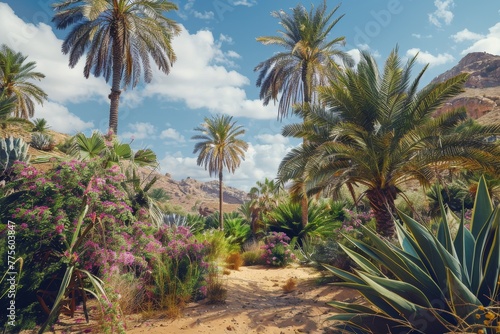 Palm Trees and Flowers Along a Dirt Path