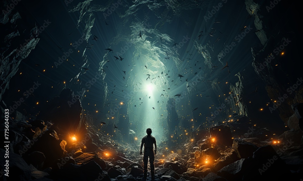 Man Standing in Center of Cave