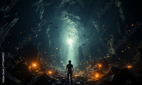 Man Standing in Center of Cave photo