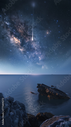 A beautiful night sky with a shooting star and a calm ocean