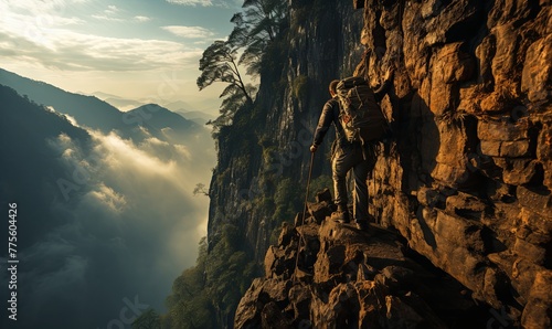 Man Standing on Mountain Cliff © uhdenis