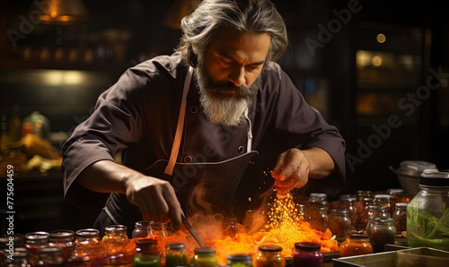 Man in Apron Cooking in Kitchen