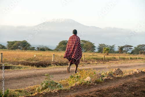 Photography Maasai walking in the savannah at in kenya Africa