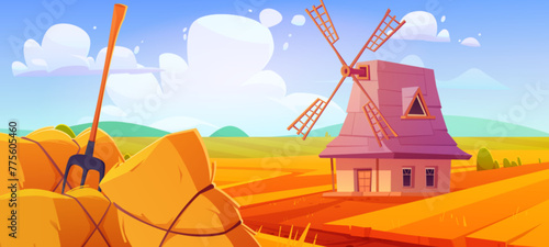 Wheat farm field with straw and mill illustration. Hay, barn and windmill rural vector landscape. Crop corn stack on meadow and blue sky peaceful environment panorama. Traditional harvest season