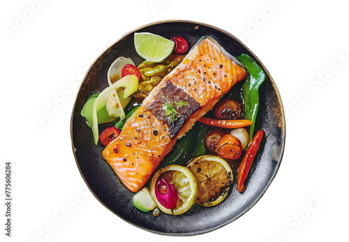 Roasted salmon steak with asparagos broccoli carrot tomatoes radish green beans and peas on transparent background photo