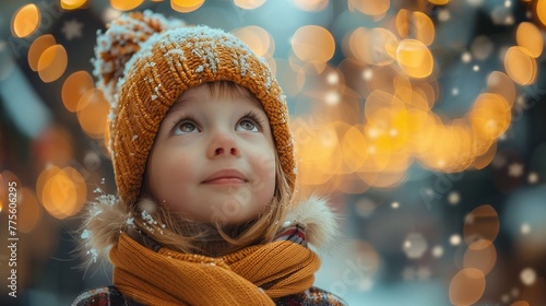 Child stands in awe at winter holiday event, gazing at lit Christmas tree backdrop