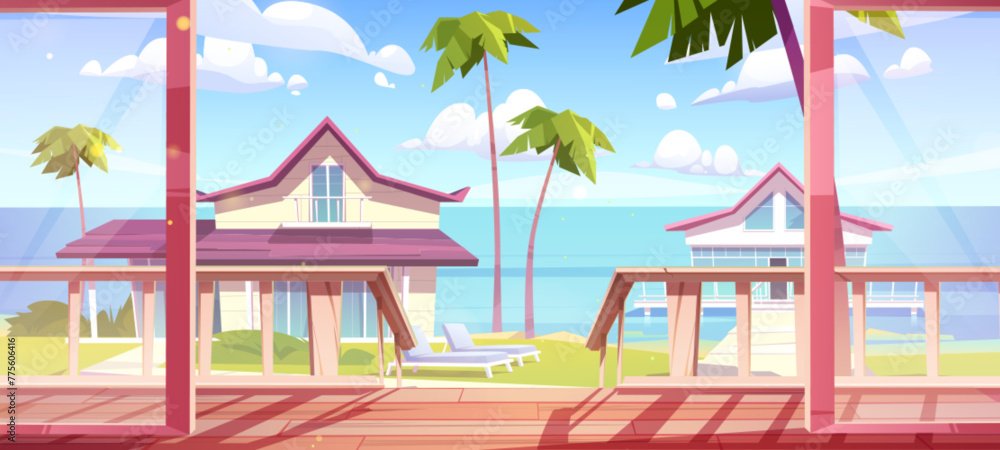 Fototapeta premium View from beach house terrace at sea. Vector cartoon illustration of seaside summer villas on ocean coast, chaise lounges on green lawn under palm trees, beautiful sunny day on tropical resort island