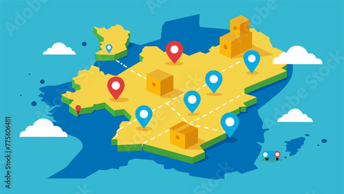 Detailed shot of a map with pins and sticky notes marking potential new manufacturing sites in areas with higher customer demand highlighting