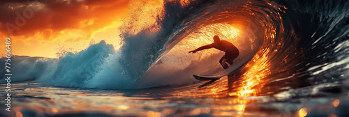 silhouette of male surfer on surfboard surfing waves in ocean at sunset in summer. Sunny landscape