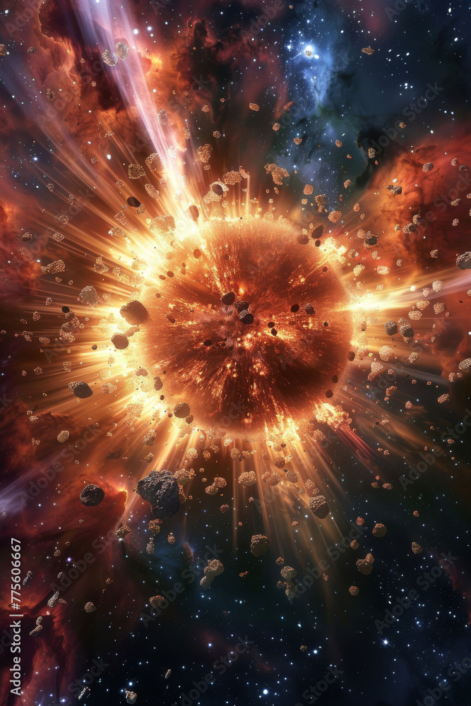 Fototapeta premium A bright orange star surrounded by a cloud of debris