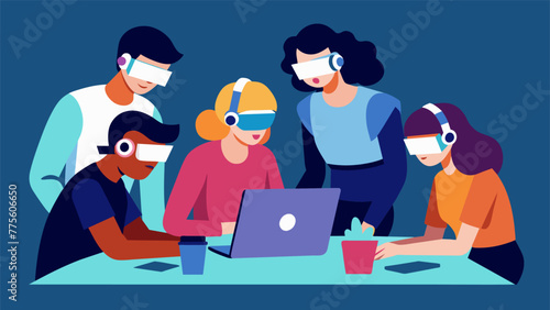 A team of designers huddles around a table each wearing AR headsets as they collaborate on a new product design.