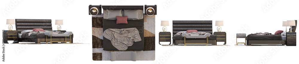 Bedroom set from various angles, 3D rendering transparent backgroud