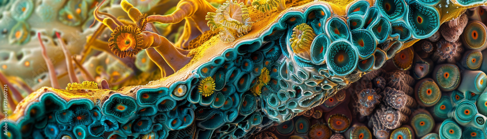 Fototapeta premium A close up of a coral reef with many different colored sea creatures