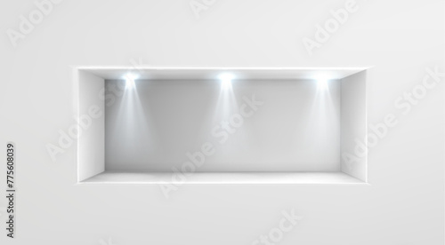 Empty niche in white wall with lights. Vector realistic illustration of rectangular hole illuminated with led lamps, bookcase design, shop shelf with space for goods, office interior design element