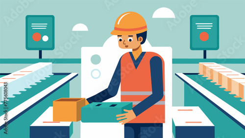 A tight shot of a worker inspecting a product on a conveyor belt surrounded by labels indicating they were sourced and made in the same