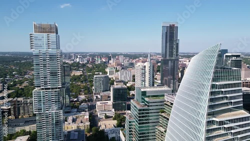 Glass windows and modern architectural elements on NYC skyline. Aerial