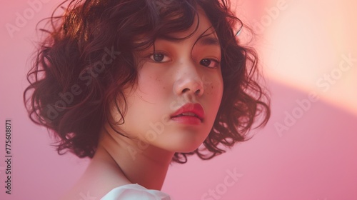 A mesmerizing image of an Asian woman with curly short hair on a soft pink background