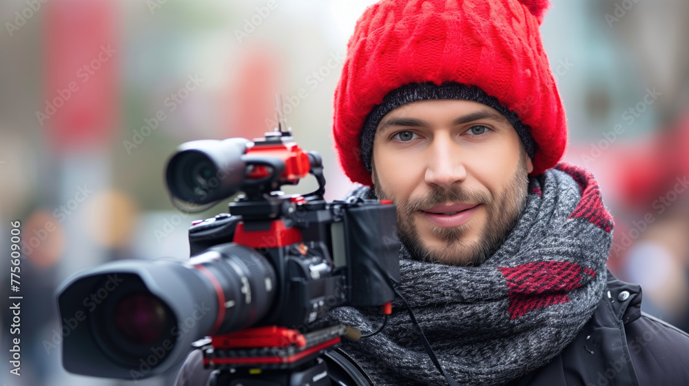 Obraz premium Travel content creator with camera on city street, ready to capture the moment.