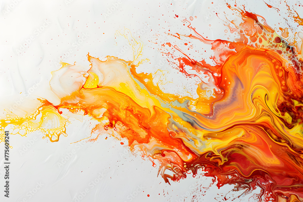 an abstract painting of orange, yellow and red waves on a white background with a splash of water on the left side of the image and the right side of the image.