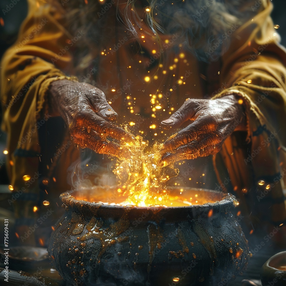 Witchs hands over a bubbling cauldron Witchs hands over a bubbling cauldron