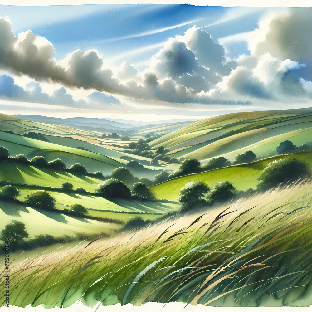 Obraz premium A watercolor painting depicting a serene landscape scene with lush green grass, rolling hills, and a sky filled with fluffy clouds