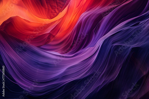 A striking depiction of Antelope Canyon's swirling rock formations, enhanced with vivid purple and red tones, creating a surreal and mesmerizing visual experience.
