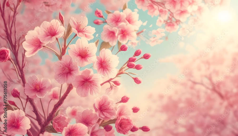 Fototapeta premium Dreamy Cherry Blossoms in Full Bloom Under Soft Sunlight