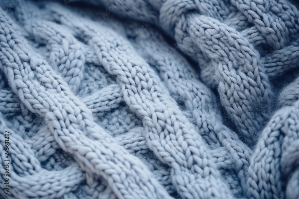 Close-Up Texture of a Cozy Hand-Knitted Blue Blanket in Soft Natural Light Close-Up Texture of a Cozy Hand-Knitted Blue Blanket in Soft Natural Light