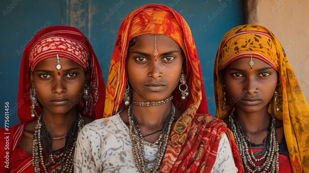 A close-up portrait of Three beautiful Young Indian women Wearing Saris, jewelry and looking at the camera against the blue background of the building.