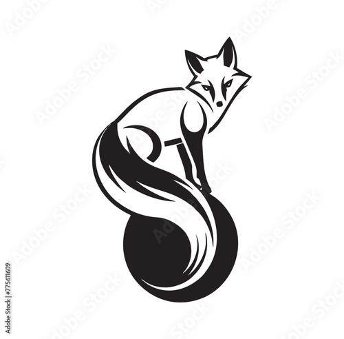 Fox sitting on ball, graphic illustration, logo, isolated transparent background