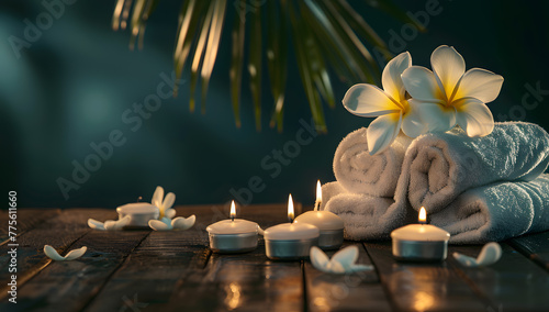 Composition of spa treatment on grey wall with burning candles. Healthy therapy space with hygiene care. photo