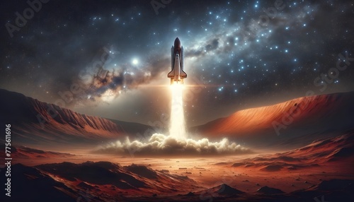 Space Shuttle Launching from a Martian Landscape into Starry Sky photo