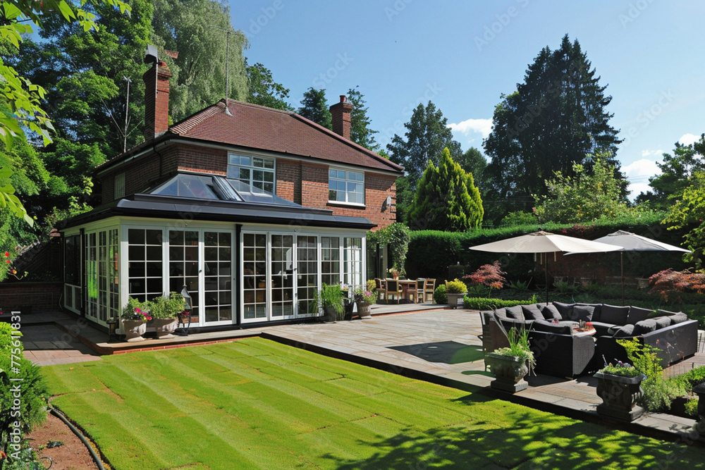 Modern Sunroom or conservatory extending into the garden, surrounded by a block paved patio beautiful view