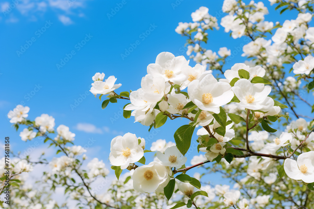 Blooming White Flowers Against a Clear Blue Sky on a Bright Sunny Day Blooming White Flowers Against a Clear Blue Sky on a Bright Sunny Day